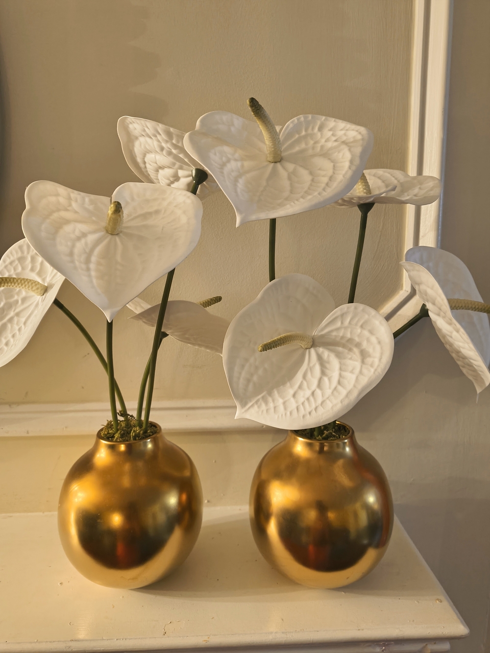 Set Of 2 White Anthurium Floral Arrangement in Gold Vase - Home Accents